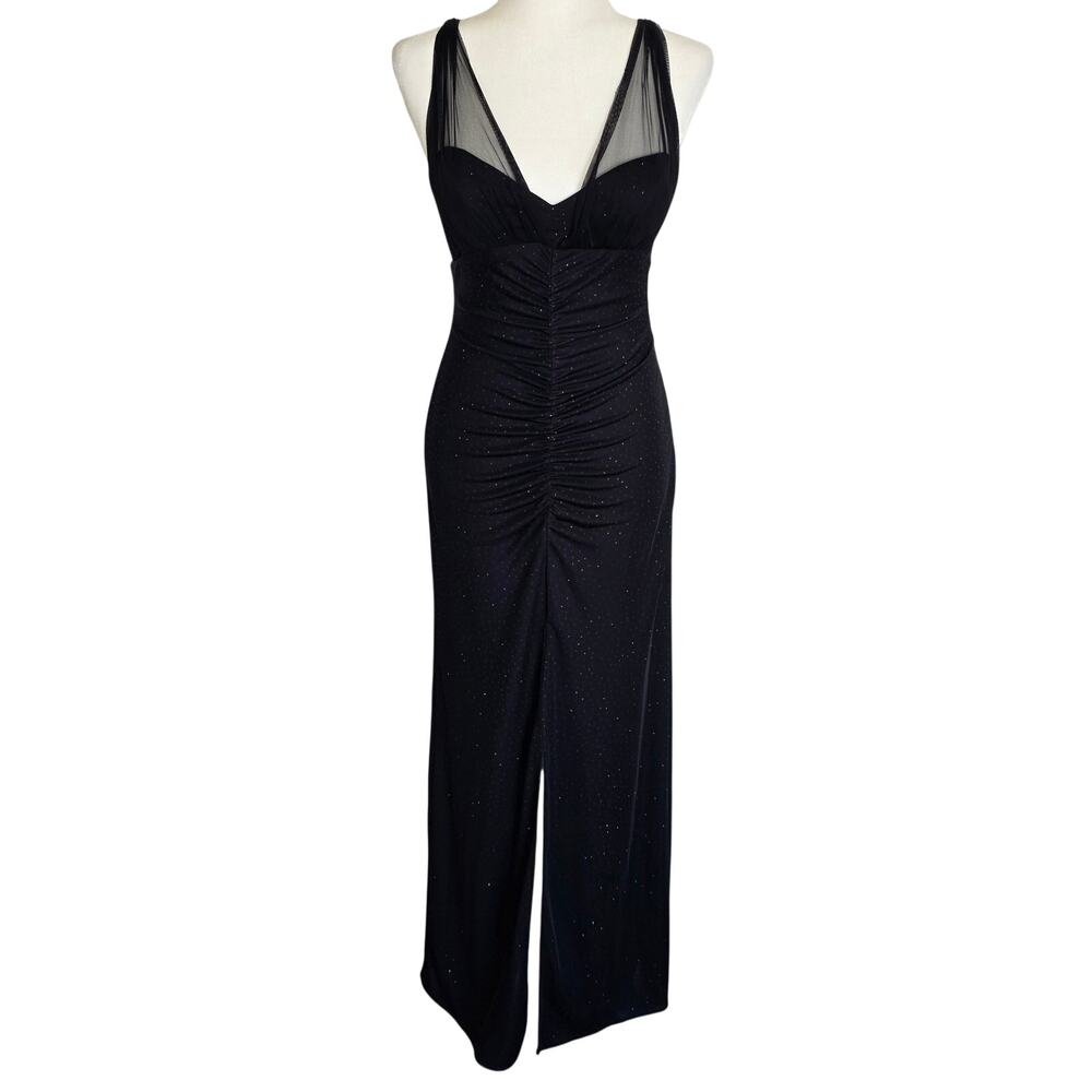 Betsy & Adam Black Shimmer Ruched Mesh Maxi Evening Gown Dress Size 6